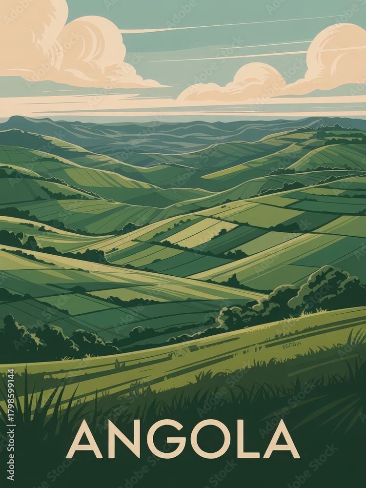 A scenic view of Angolas rolling green hills and valleys under a soft sky. The landscape showcases vibrant fields and distant mountains, highlighting the countrys natural charm and tranquility.