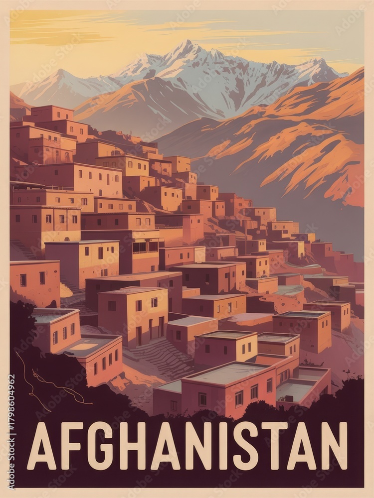 A scenic view of a hillside village in Afghanistan, showcasing terracotta houses stacked on slopes. Majestic mountains rise in the background under a warm sunset glow, creating a tranquil atmosphere.