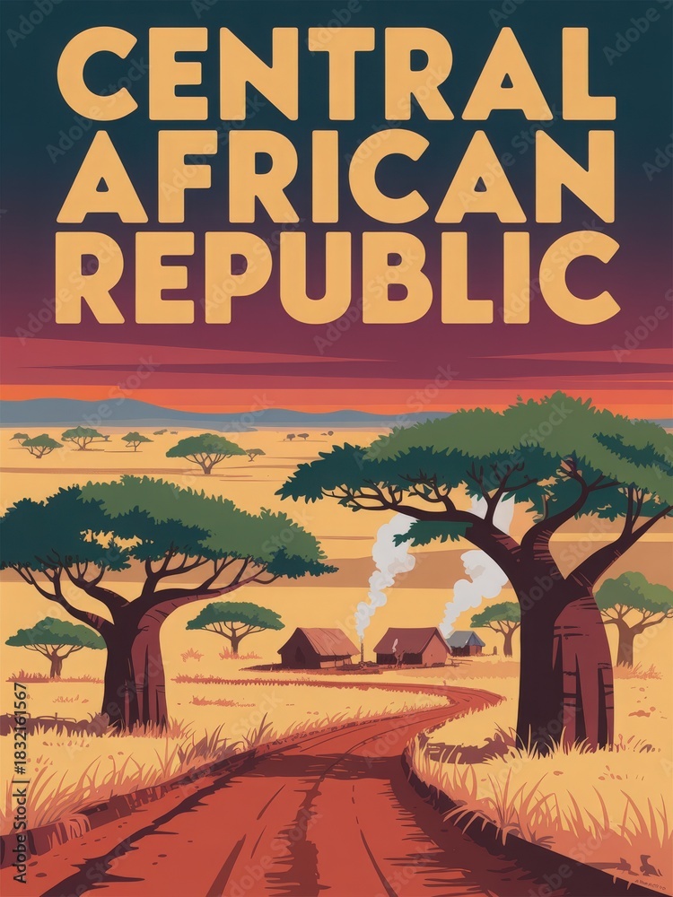 A scenic view of the Central African Republic features traditional huts surrounded by lush trees. A dirt road leads to the huts, while smoke rises in the background under a vibrant sunset sky.