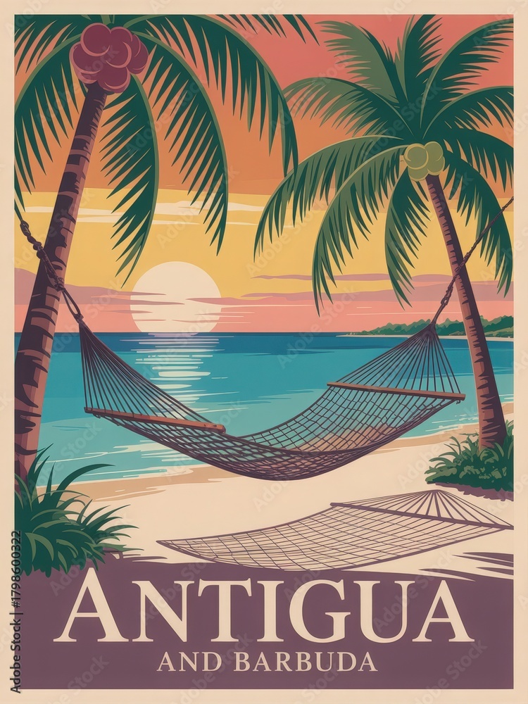 A serene beach scene in Antigua features palm trees swaying in the breeze. A hammock is set up between them as the sun sets over the calm ocean waters, creating a peaceful atmosphere.