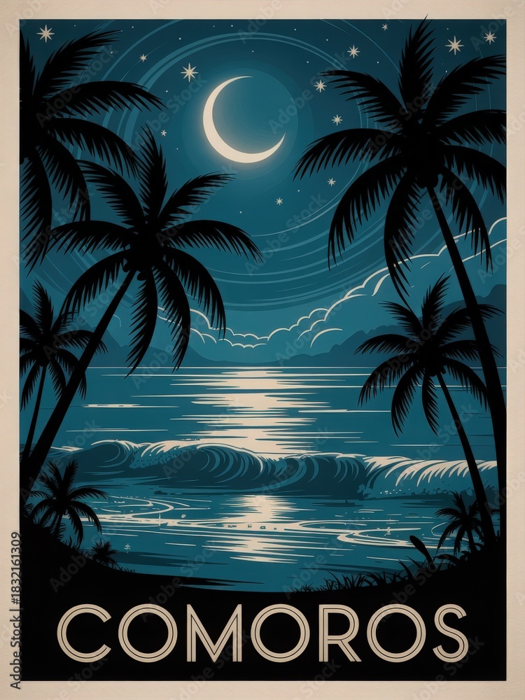 A serene coastal scene captures the beauty of Comoros at night. Palm trees frame the view of gentle waves under a glowing moon and starry sky, creating a peaceful atmosphere.