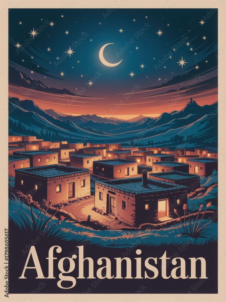 A serene night view of a village in Afghanistan under a starry sky. The moon illuminates rustic homes nestled among mountains, creating a peaceful atmosphere in the cool night.