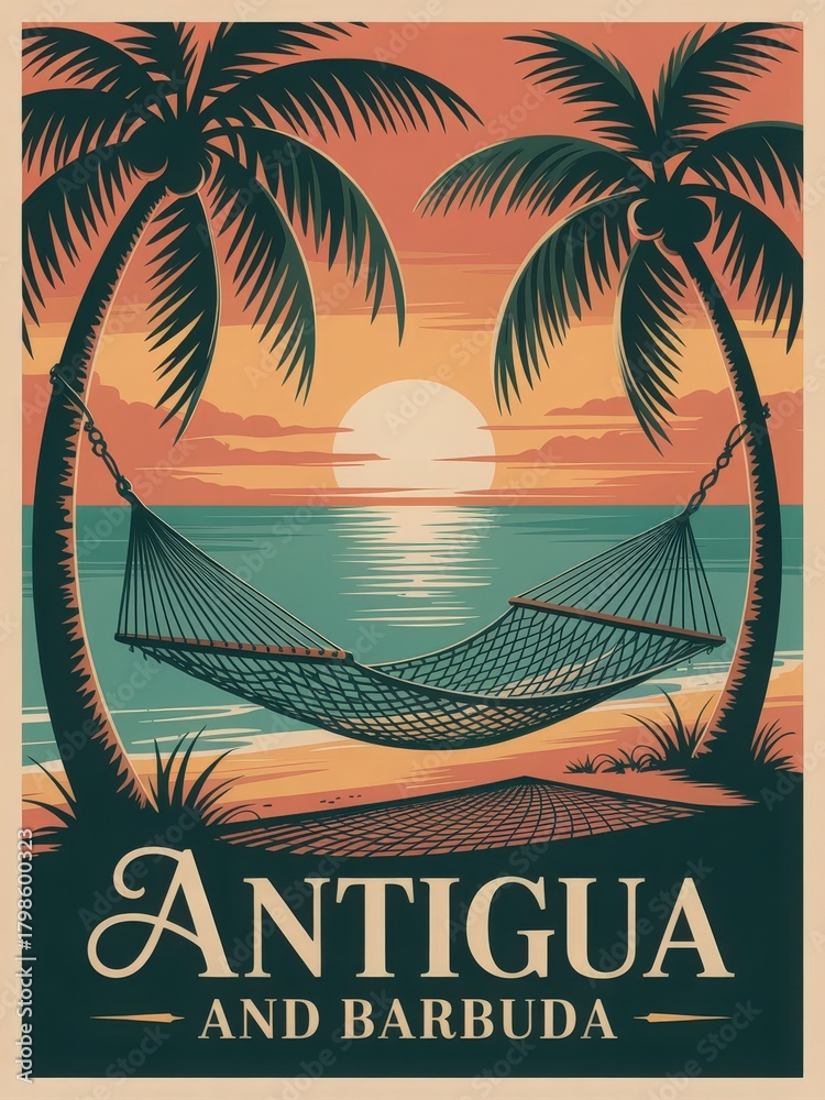 A serene scene features a hammock strung between palm trees on a beach in Antigua and Barbuda. The sun sets over the calm sea, casting warm colors across the sky and water.