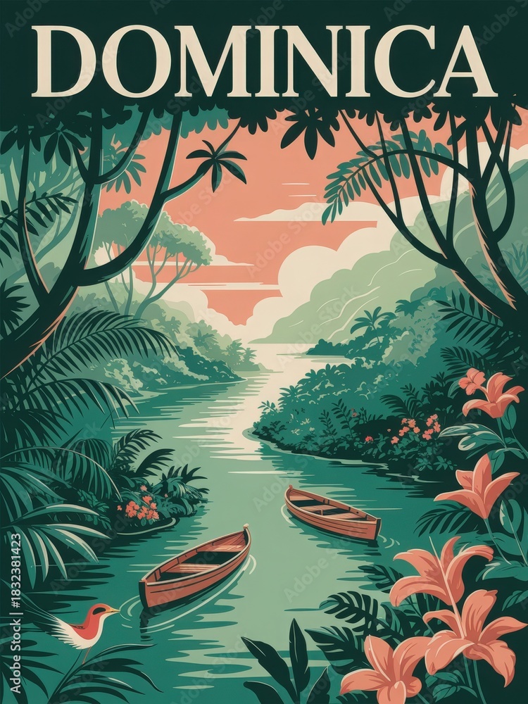 A serene view of a river in Dominica showcases two wooden boats gently floating. Surrounding greenery and colorful flowers add to the islands natural beauty during sunset.
