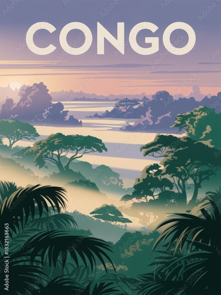 A serene view of the Congo river at dusk, surrounded by lush green trees and mist. The sky displays soft colors as the sun sets, creating a tranquil atmosphere in this natural setting.