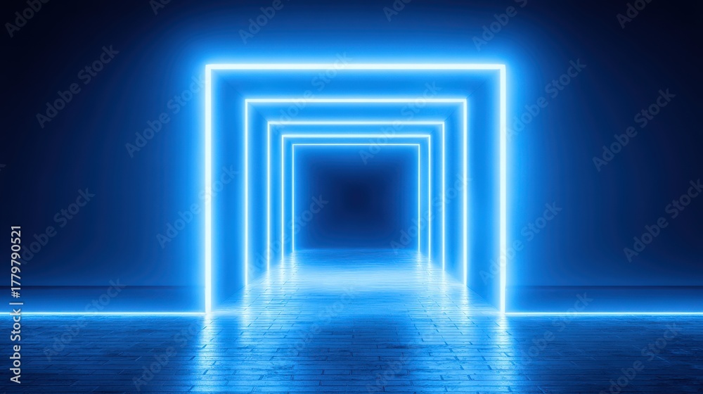 A series of glowing blue neon arches lines a hallway, leading into a darker area. The bright light contrasts sharply with the shadows, enhancing the intriguing depth of the space.