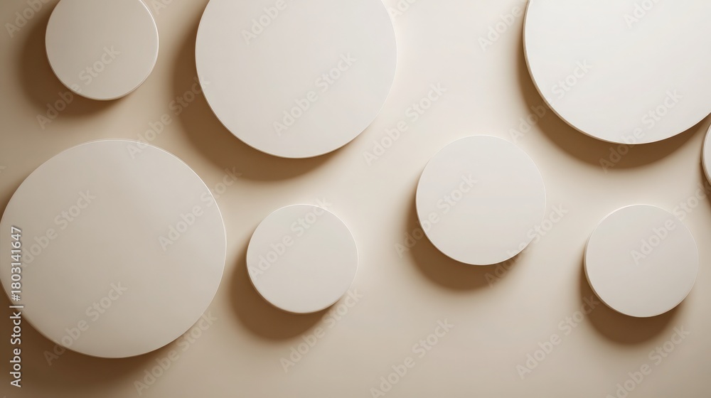 A series of round shapes in various sizes are attached to a neutral wall. These minimalist circles create a unique visual effect, enhancing the contemporary appeal of the space.