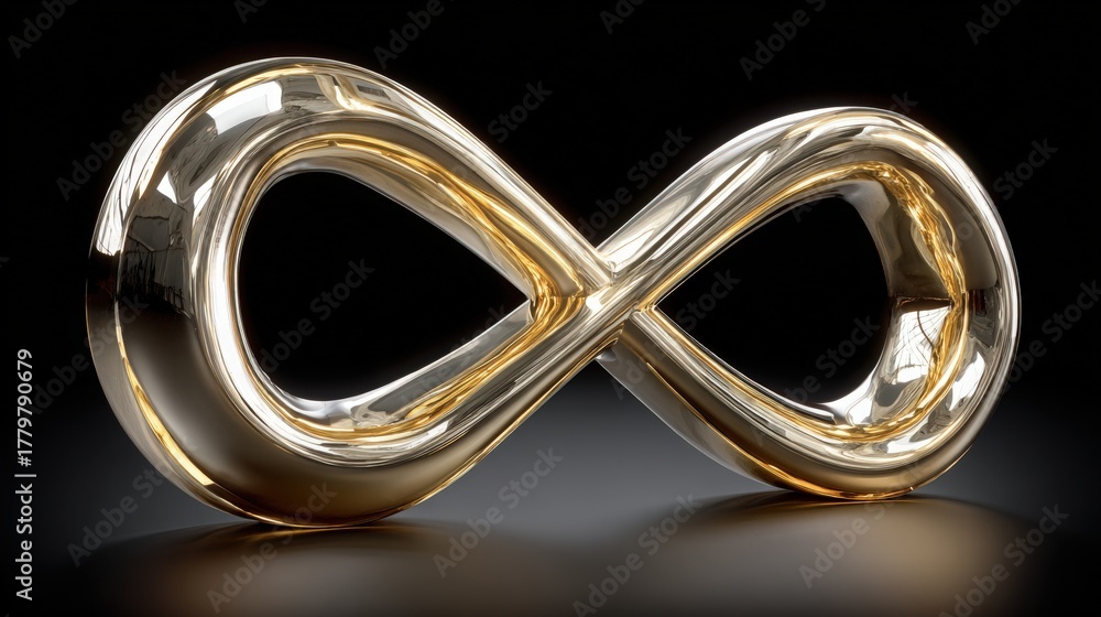 A shiny golden infinity symbol is prominently displayed against a dark background. The smooth curves reflect light, creating an elegant and modern look.