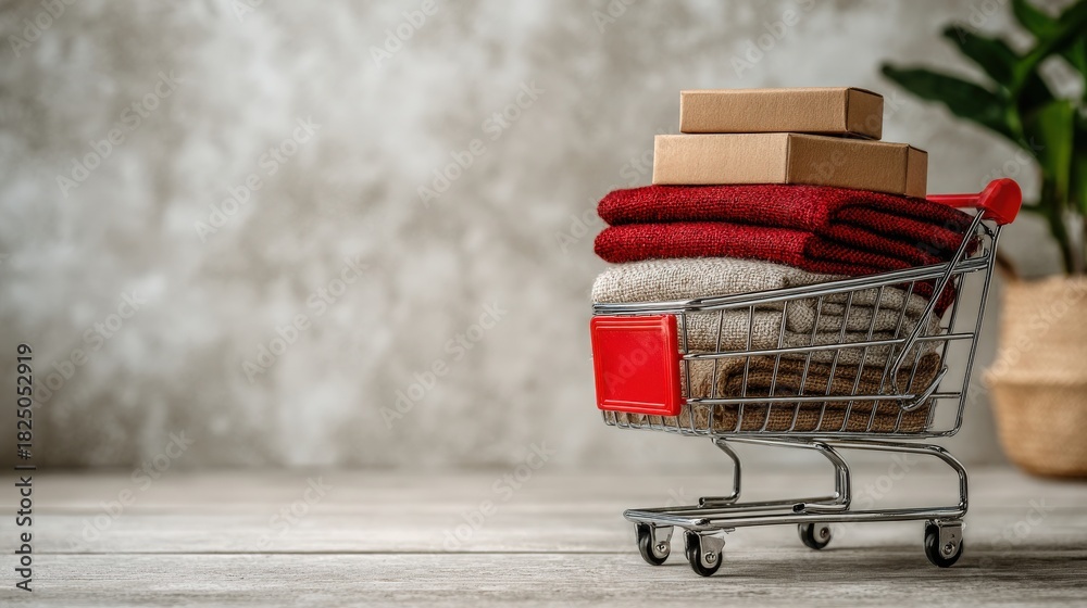 A shopping cart holds neatly folded clothes in various colors and cardboard packages. The background features a textured wall and a green plant in a pot, creating a cozy shopping scene.
