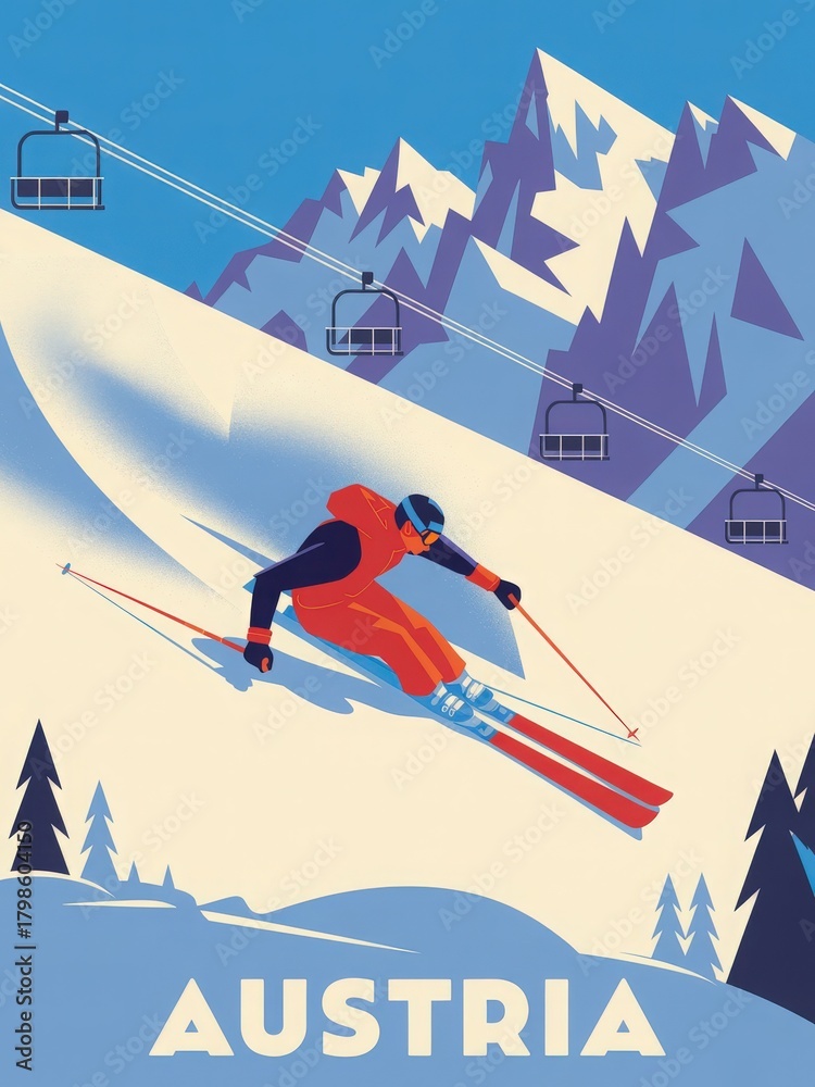 A skier in bright orange gear races down a snowy slope with mountains in the background. Ski lifts can be seen in the distance, highlighting the scenic winter landscape of Austria.