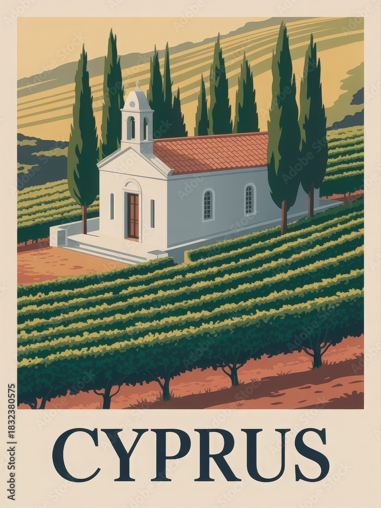 A small white church with a red roof stands amidst lush green vineyards in Cyprus. The sun sets, casting warm light over the landscape, enhancing the beauty of the rural scene.