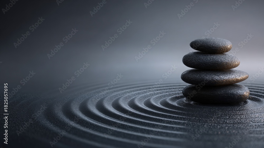 A stack of smooth, dark stones is positioned carefully on a still water surface, sending gentle ripples outward. The arrangement promotes a feeling of peace and tranquility in the scene.