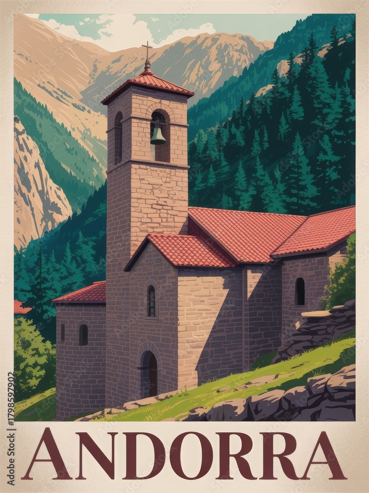 A stone church stands proudly in Andorra, featuring a tall bell tower. Lush green trees and towering mountains create a picturesque backdrop. The bright sky adds to the tranquil atmosphere.