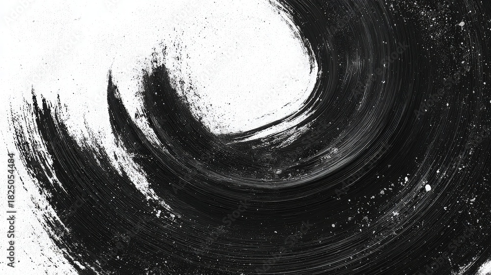 A striking black brush stroke sweeps across a white canvas, forming a wave-like shape. The texture reveals layers of paint, adding depth and movement to the artwork.