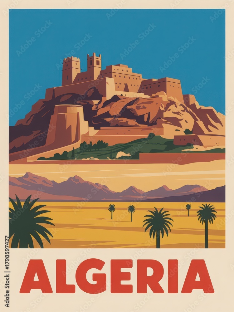A striking castle sits atop a rocky hill, surrounded by vast desert scenery in Algeria. Palm trees create a serene contrast with the ancient architecture under a clear blue sky.