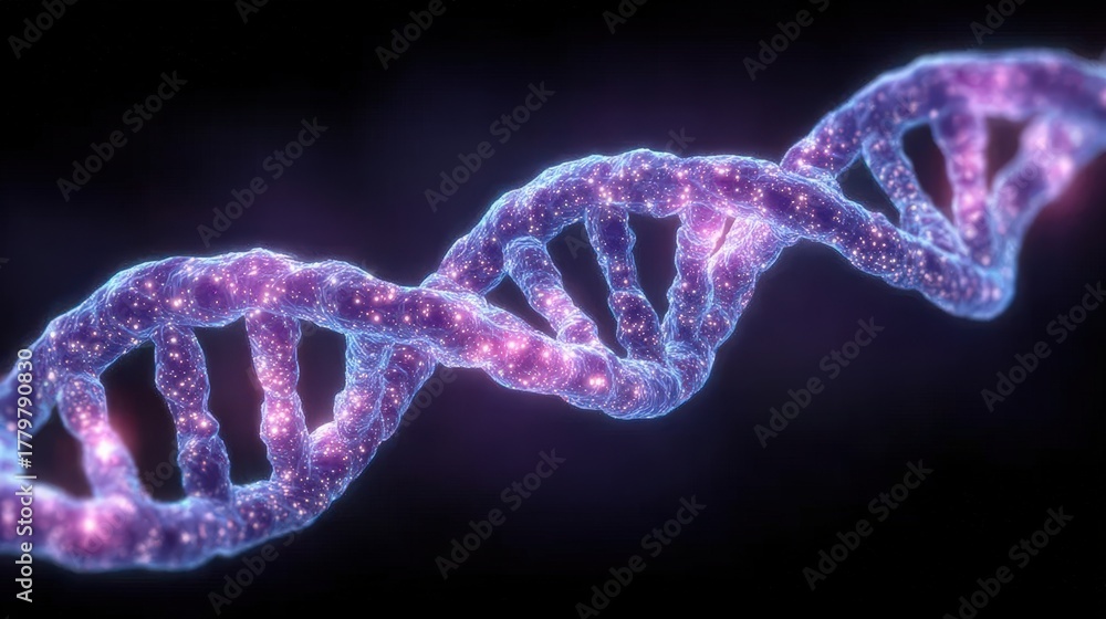 A striking depiction of a DNA helix illuminated with bright colors. The twisting strands showcase a galaxy-like appearance, emphasizing the beauty of genetic structures in a cosmic setting.