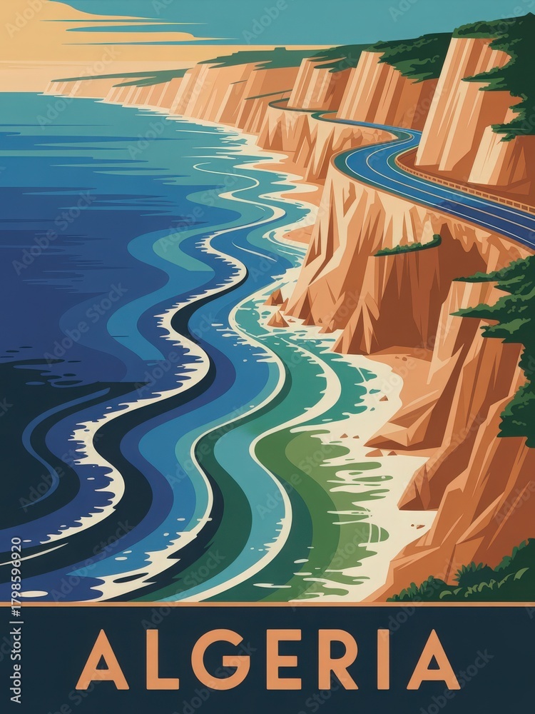 A stunning coastal scene in Algeria showcases a winding road alongside steep cliffs. The vibrant blue and green sea contrasts with the golden hues of the sunset, creating a serene atmosphere.