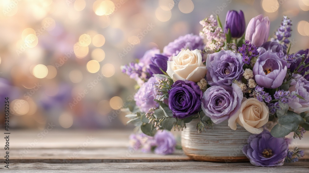 A stunning floral arrangement features various purple and white flowers in a rustic vase. The soft bokeh background enhances the beauty of the blooms, creating a serene atmosphere.