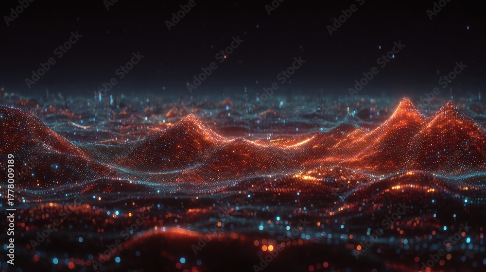 A stunning representation of a mountain range in a digital landscape. The peaks are illuminated with glowing lights, creating a vibrant atmosphere. The scene gives a feeling of depth and movement.