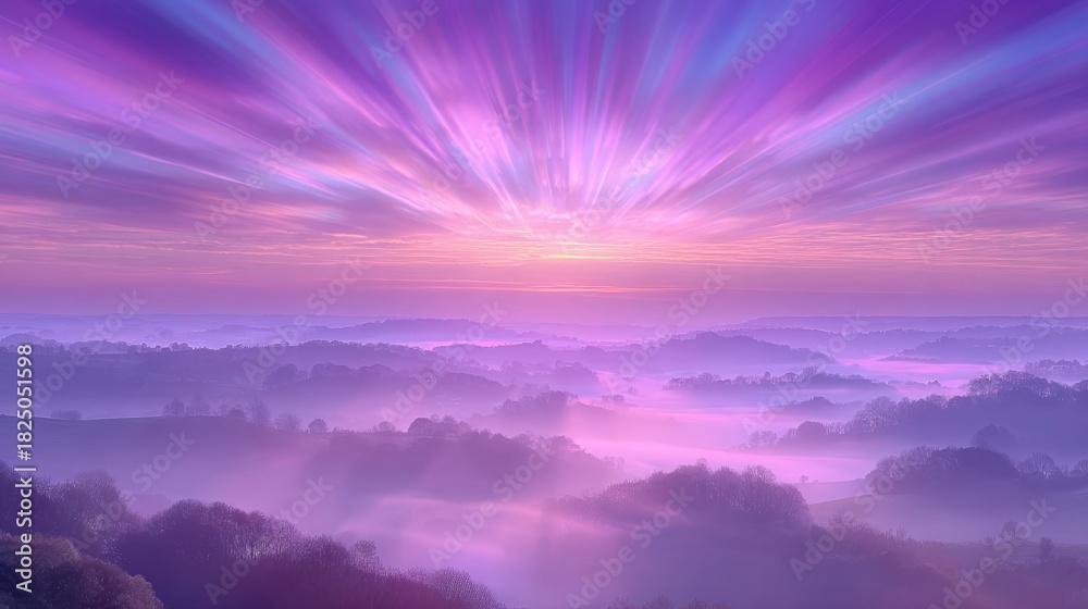 A stunning sunrise casts vibrant shades of purple and pink across the sky. Mist envelops rolling hills below, creating a tranquil and dreamlike atmosphere in early morning light.