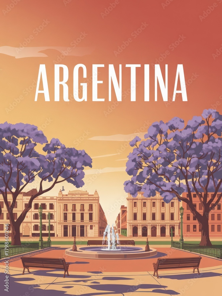 A stunning sunset fills the sky with warm tones over a public square in Argentina. Lush purple trees frame a fountain surrounded by notable buildings, creating a peaceful atmosphere.