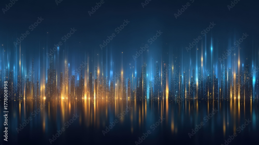 A stunning urban skyline features tall buildings illuminated with bright blue and golden lights. The reflection on the calm water enhances the vibrant night scene, creating a mesmerizing view.