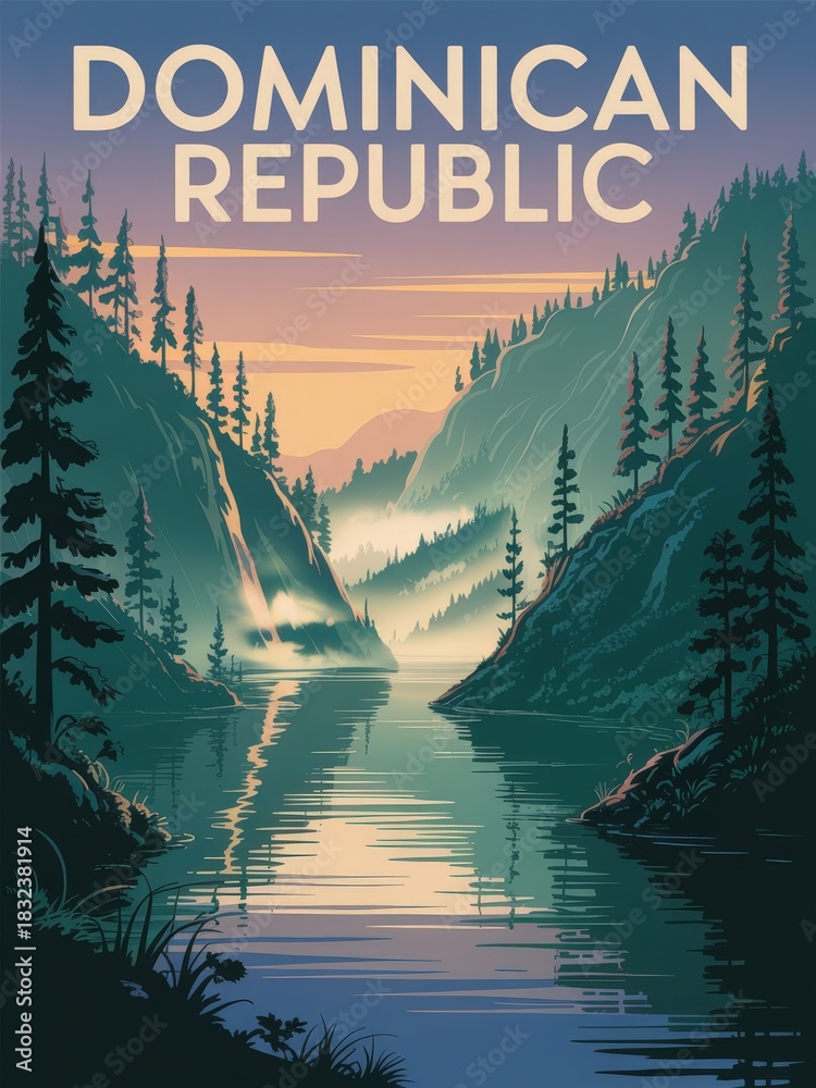 A stunning view of the Dominican Republic showcases a peaceful river surrounded by tall trees and mountains at sunset. The vibrant colors reflect on the calm water, creating a tranquil atmosphere.