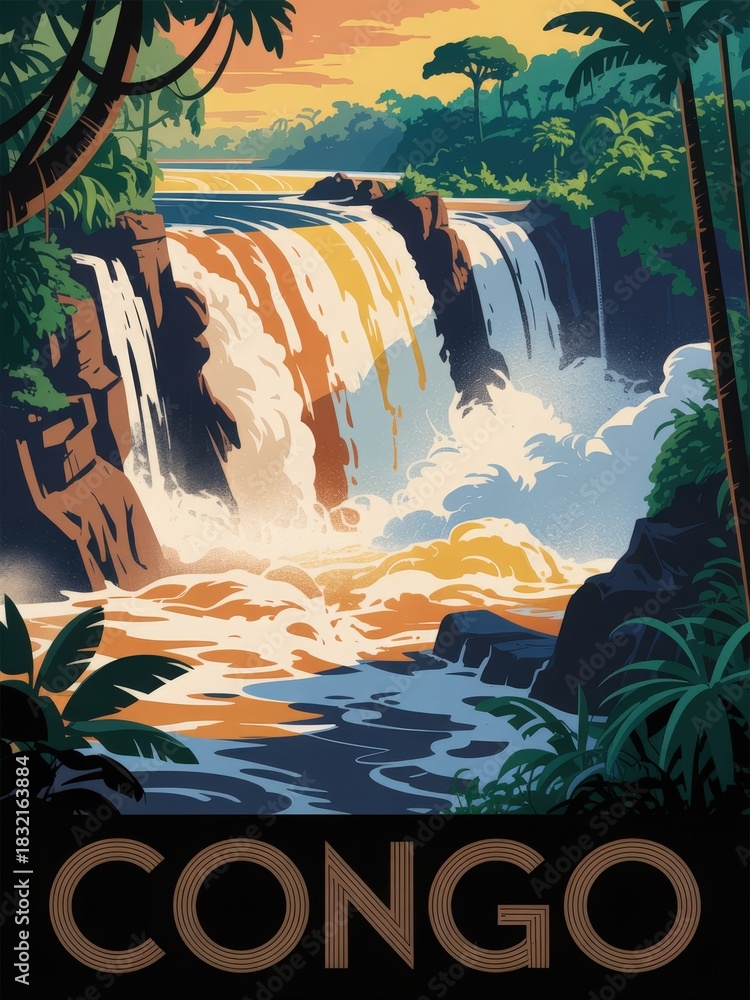 A stunning waterfall cascades down rocks surrounded by vibrant tropical plants in Congo. The scene is illuminated by the warm glow of a sunset, creating a serene, picturesque landscape.