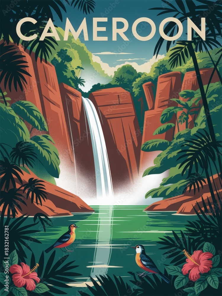 A stunning waterfall cascades down rocky cliffs, surrounded by rich green foliage and colorful birds. The serene water invites exploration in the heart of Cameroons nature.