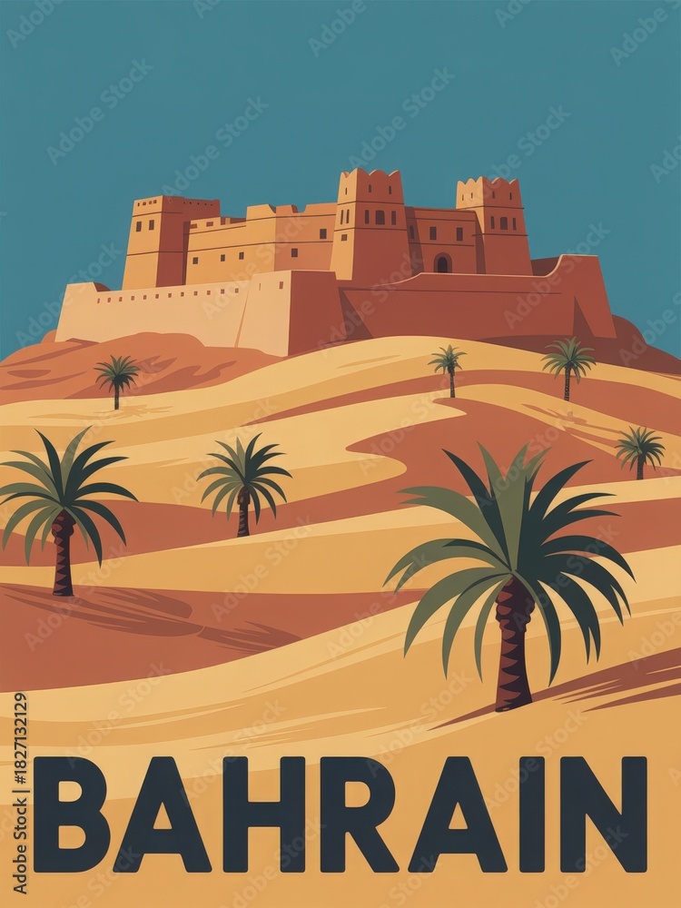 A traditional fortress stands tall in Bahrains desert, bordered by vibrant palm trees. Golden sands stretch out under a clear blue sky, showcasing the natural beauty of the region.