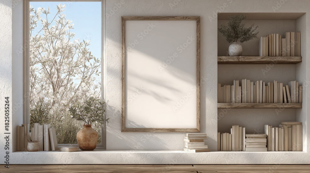 A tranquil indoor space with a large window fills the neutral-toned room with light, illuminating an empty frame and bookshelves, creating a calming reading atmosphere.