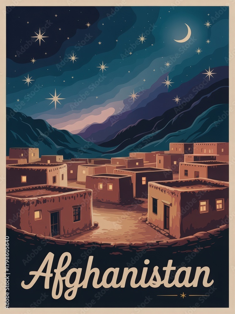 A tranquil night scene shows a traditional Afghan village with mud-brick houses surrounded by mountains. Stars twinkle in the dark sky, casting a serene atmosphere over the landscape.
