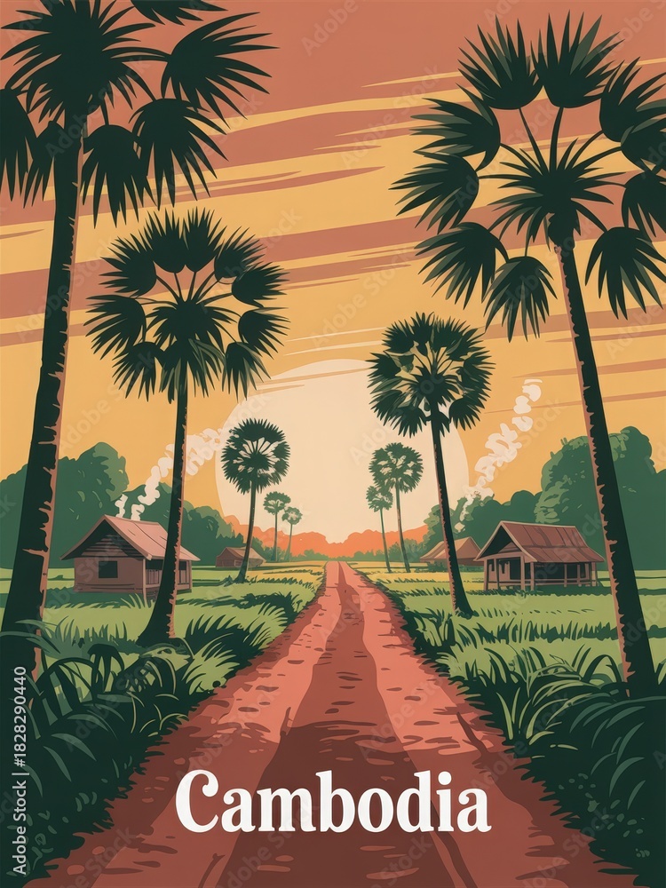A tranquil scene in rural Cambodia showcases a dirt road bordered by tall palm trees. Simple wooden houses are visible on either side, with a beautiful sunset lighting up the sky.