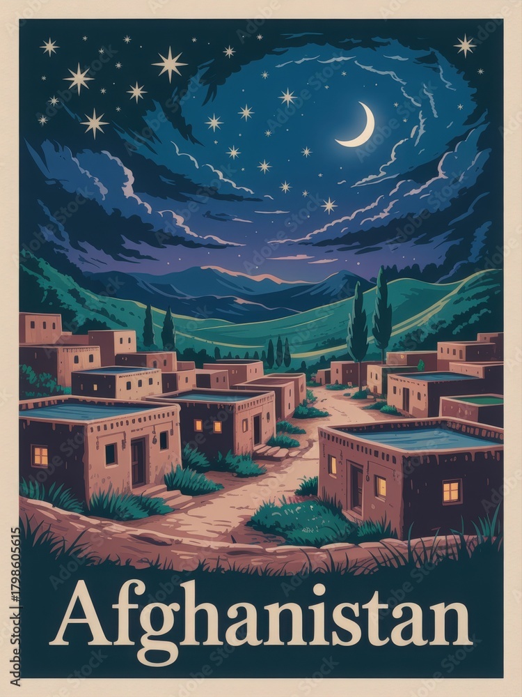 A tranquil village in Afghanistan is illuminated by the soft glow of a crescent moon and stars. Traditional houses line a winding path, surrounded by mountains and lush greenery.