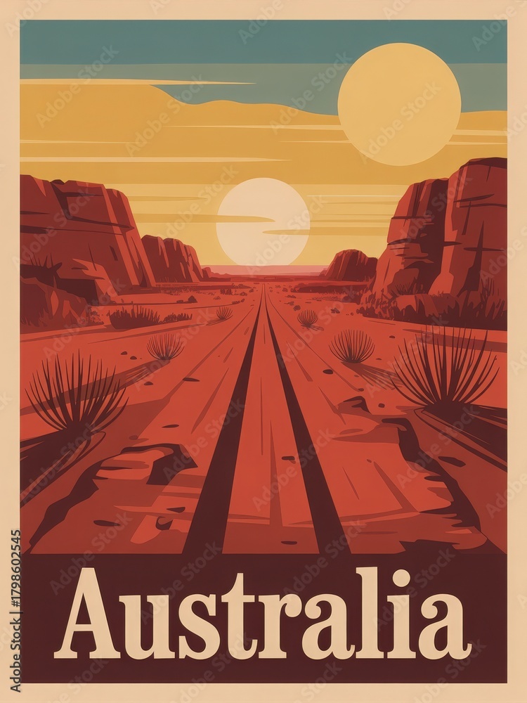 A vast road stretches into the Australian outback under a vibrant sky. Two suns cast warm light over rugged terrain and sparse vegetation, creating a serene and timeless landscape.