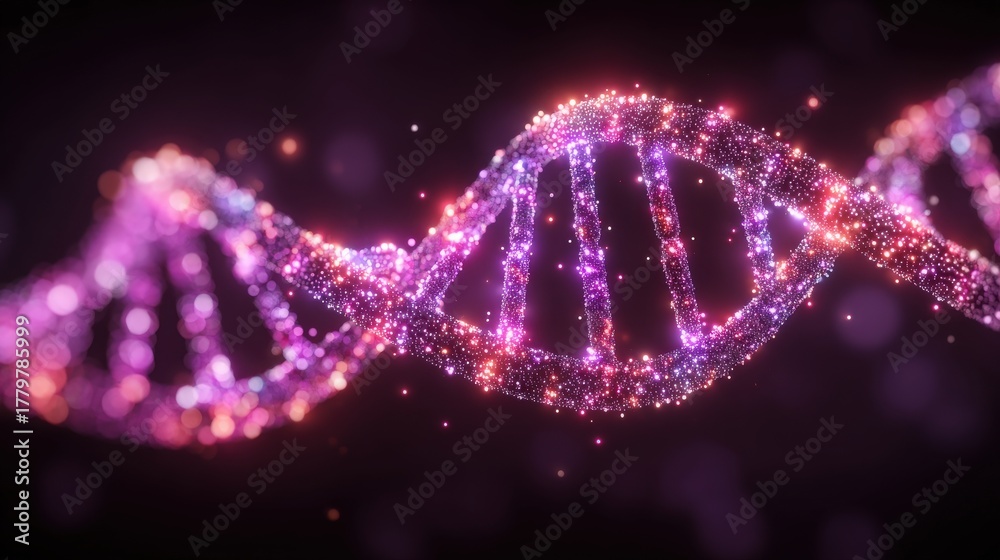A vibrant DNA double helix glimmers with colorful lights on a dark background. This striking visualization highlights the beauty and complexity of genetic structures in a captivating manner.