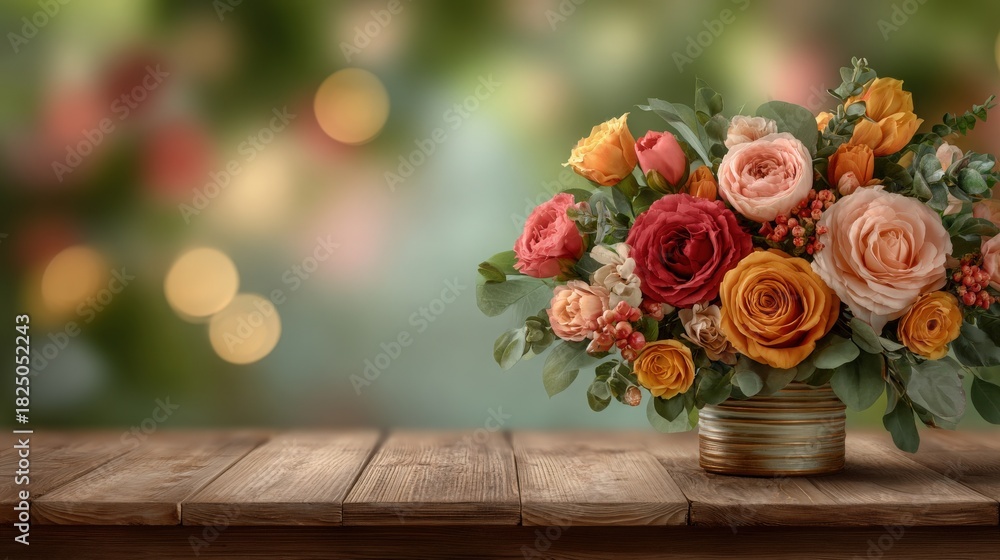 A vibrant arrangement of roses and greenery is set on a wooden table. Soft bokeh lights create a warm, inviting background, enhancing the colorful flowers beauty in a cozy atmosphere.