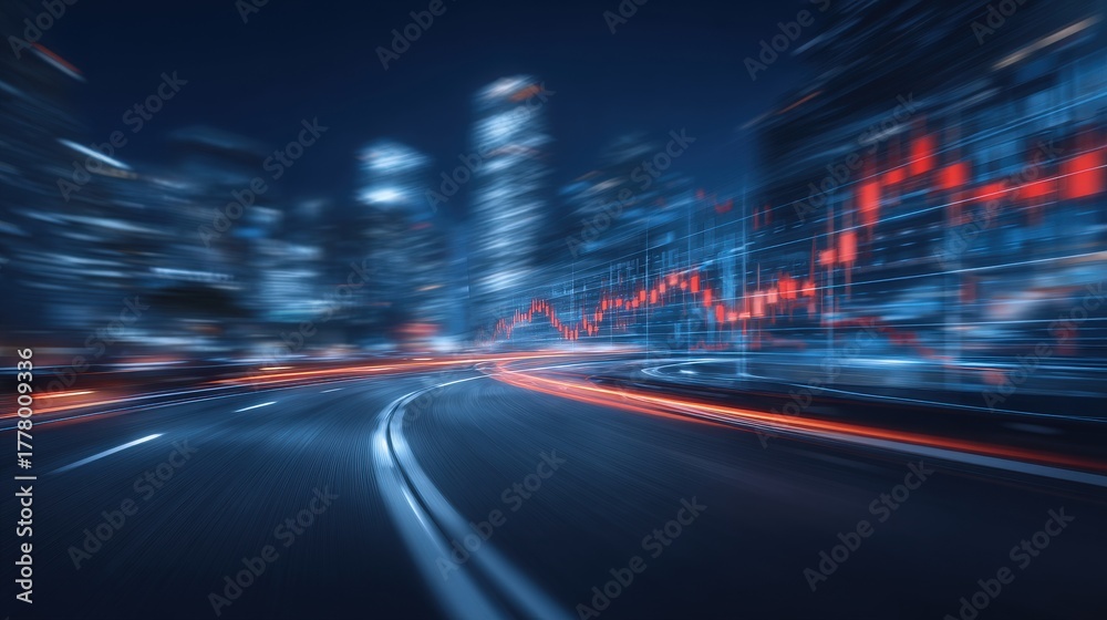 A vibrant city skyline is illuminated against the night sky, featuring blurred lights from vehicles. Superimposed are red stock market graphs, showcasing economic activity and trends.
