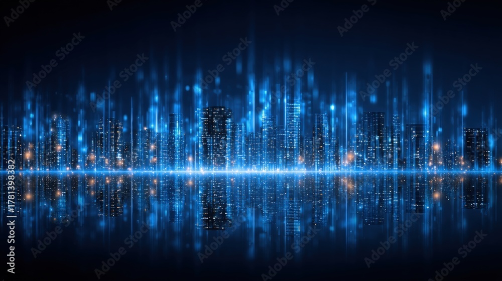 A vibrant city skyline shines at night, showcasing tall buildings illuminated with blue lights. The reflections on the water create a stunning visual contrast and enhance the urban atmosphere.