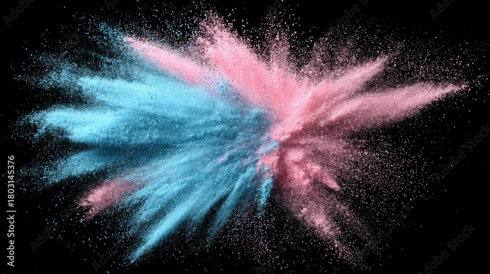 A vibrant explosion of pink and blue powder fills the air, creating a striking visual effect on a black background. This colorful scene captures the energy and fun of a creative or celebratory event.