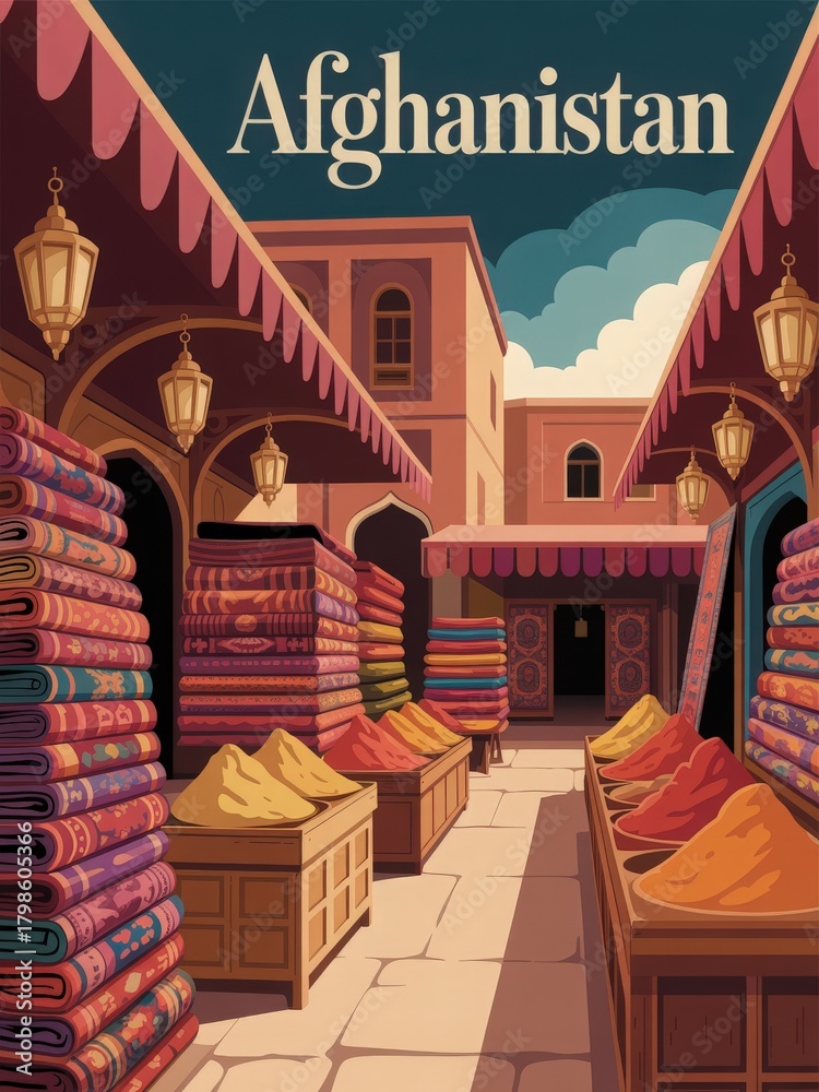 A vibrant market in Afghanistan features piles of spices and colorful textiles arranged neatly. Traditional architecture surrounds this bustling scene, highlighting local commerce and culture.
