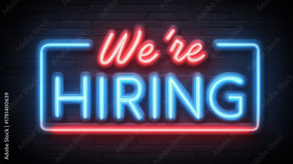 A vibrant neon sign displays the message Were Hiring in blue and red lights, attracting potential job seekers. This eye-catching display is perfect for businesses looking to fill positions.