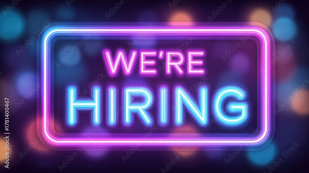 A vibrant neon sign displays the message Were Hiring in bright colors. The background features a soft blur of colorful lights, creating a lively and engaging mood.