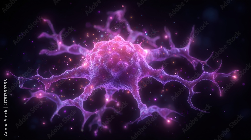 A vibrant neuron is showcased in a dark background, illuminated with purples and pinks. The neuron features intricate extensions, creating a stunning visual representation of neural activity.