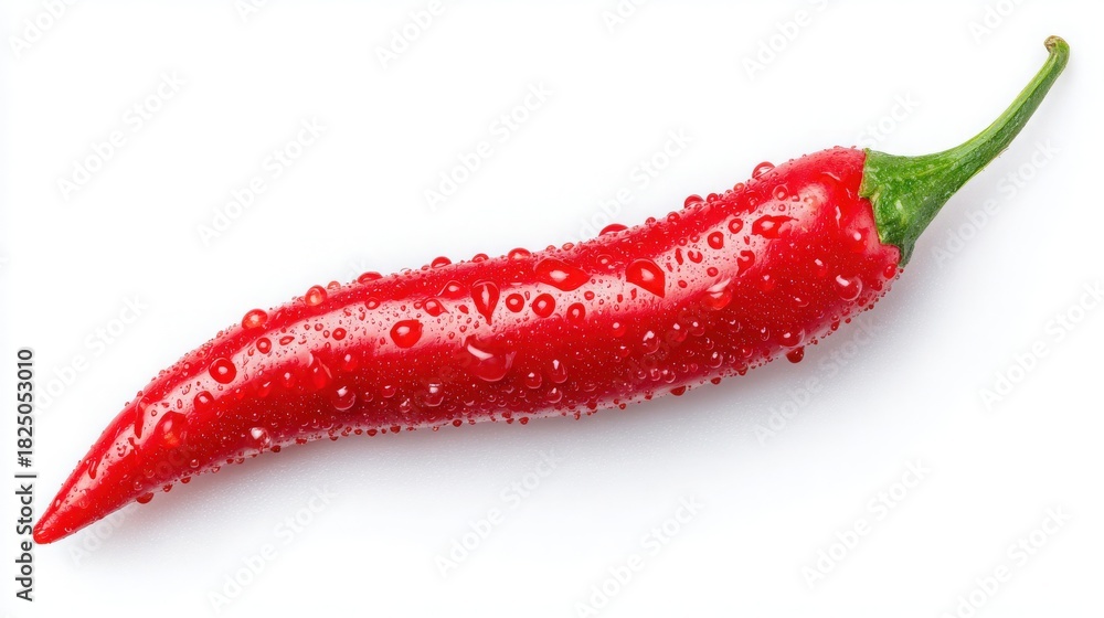 A vibrant red chili pepper glistens with water droplets, highlighting its smooth surface. The pepper is positioned on a clean white background, focusing on its shape and color.