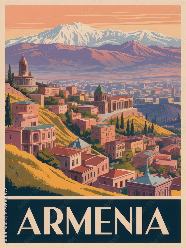 A vibrant scene captures the beauty of Armenia with historic architecture nestled on hills, against the backdrop of a majestic mountain and a colorful sunset sky.
