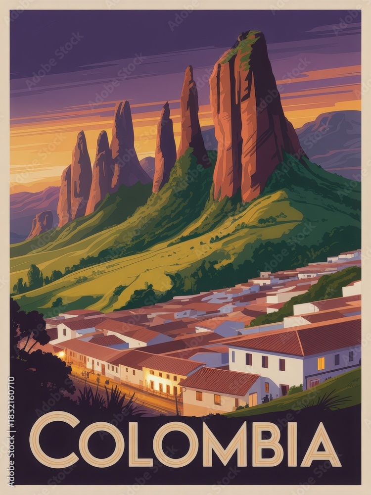 A vibrant scene showcases tall rock formations standing majestically against a sunset sky. Below, a quaint town with white buildings and terracotta roofs rests in the lush valley.