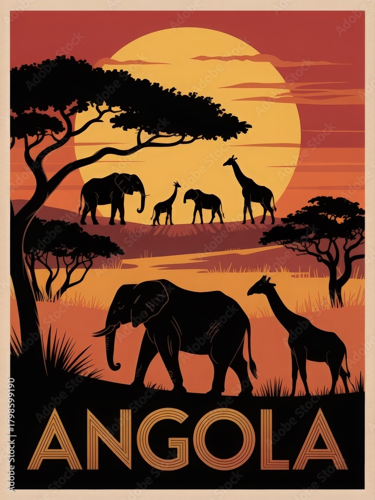 A vibrant sunset casts a warm glow over a savanna in Angola. Silhouetted elephants and giraffes graze peacefully, framed by acacia trees, creating a serene natural scene.
