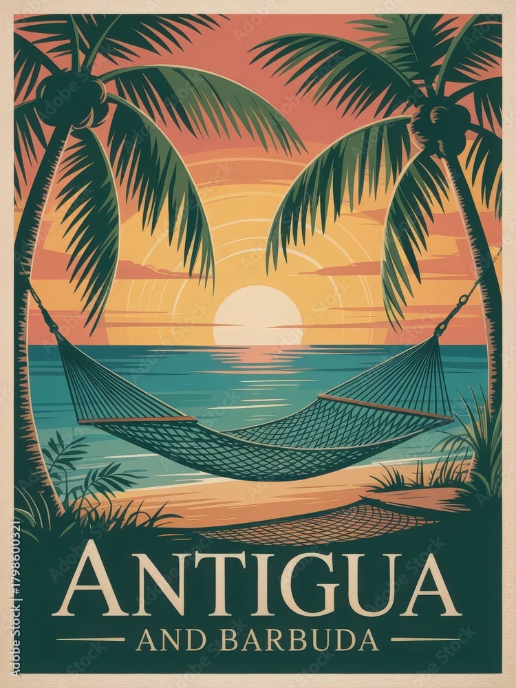 A vibrant sunset casts warm colors over a serene beach in Antigua and Barbuda. A hammock sways gently between palm trees, inviting relaxation and tranquility by the ocean.