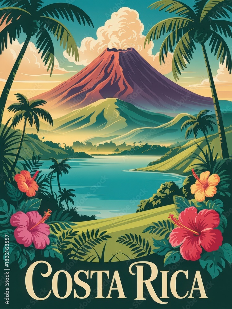 A view of Arenal Volcano showcases its majestic peak surrounded by vibrant green hills and a serene lake.